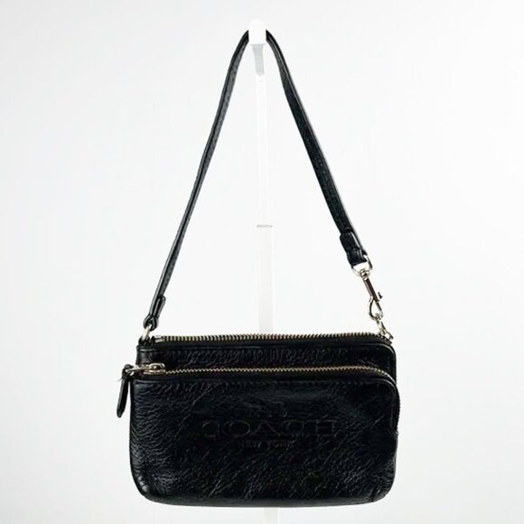 Coach Soft Black Pebbled Leather Embossed Logo Double Zipper Wristlet - Picture 1 of 14